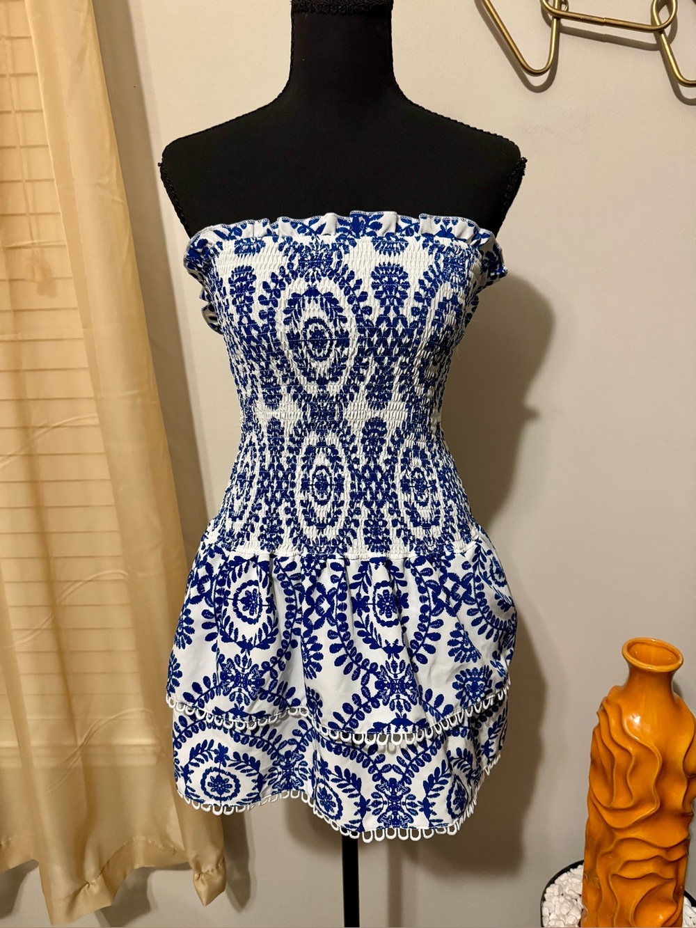 Blue and White Strapless Smocked Top